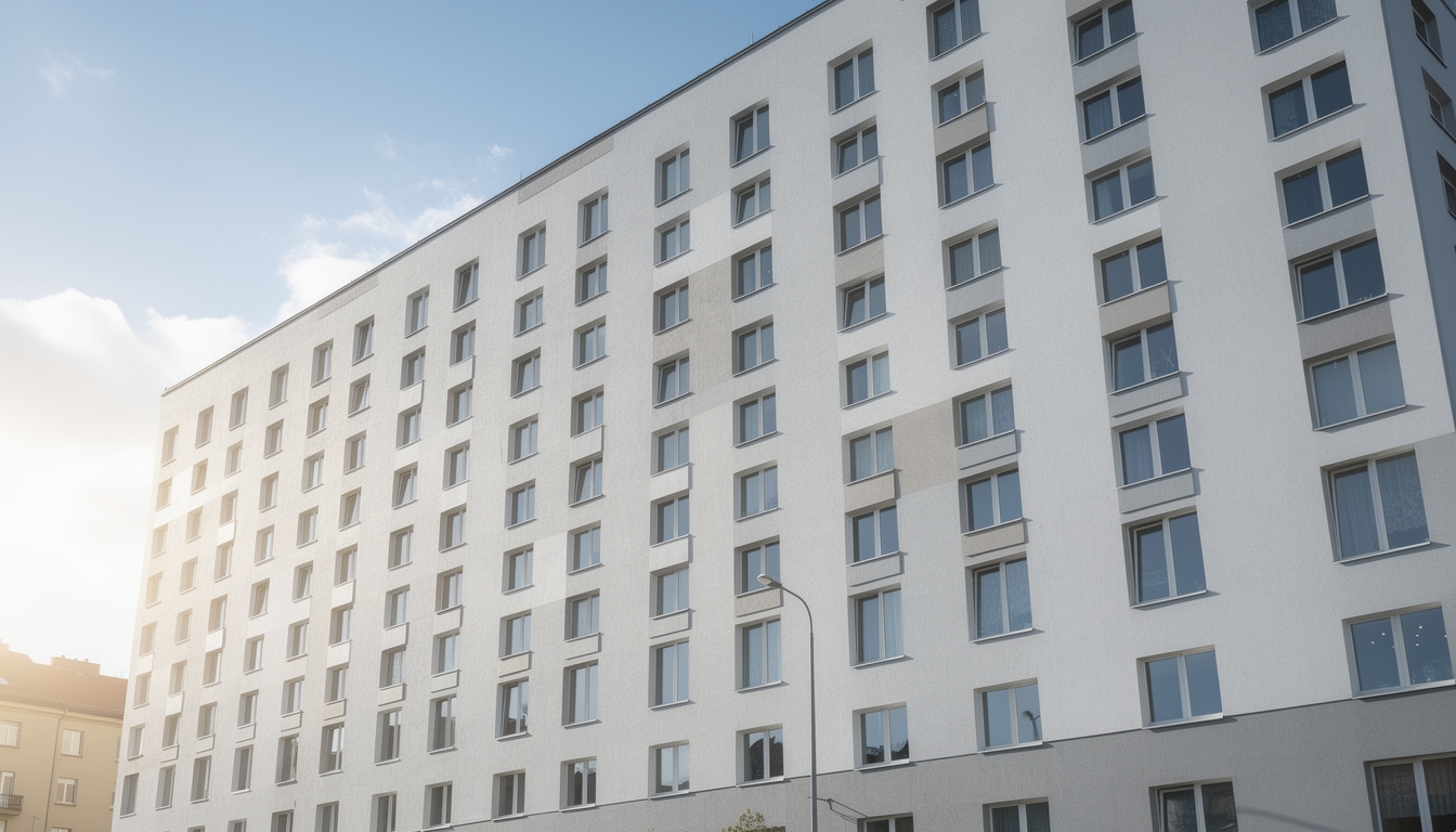 Čistá fasáda panelového domu po profesionálním mytí v Praze