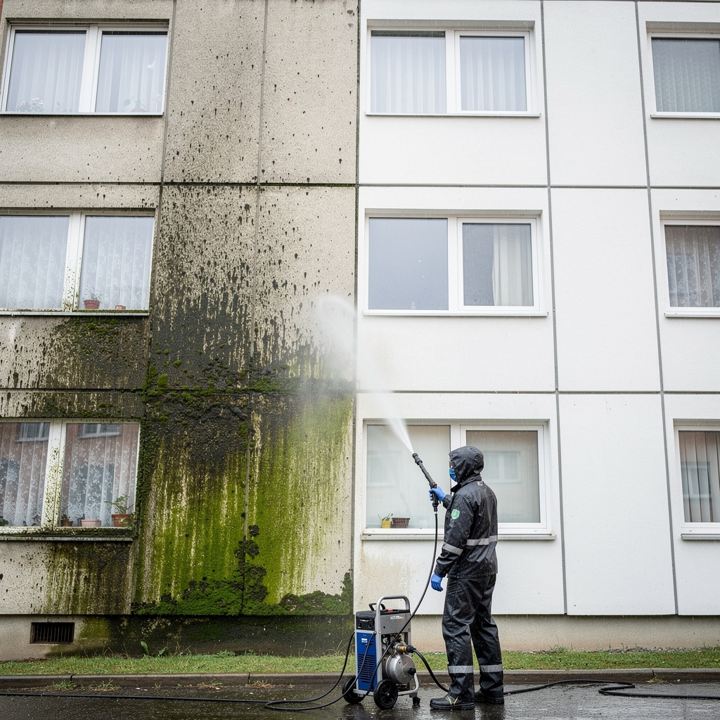 Odstranění řas a mechu z fasády panelového domu